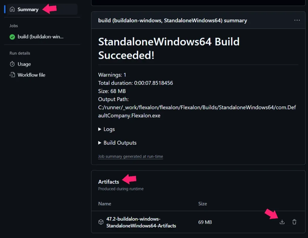 Download Artifacts from the Summary Page